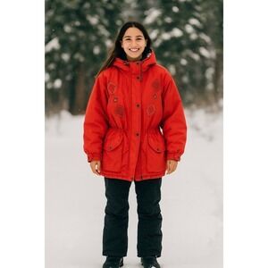 Vintage OBERMEYER Women's Embroidered Hooded Legend Coat Jacket Red Blue Size 10